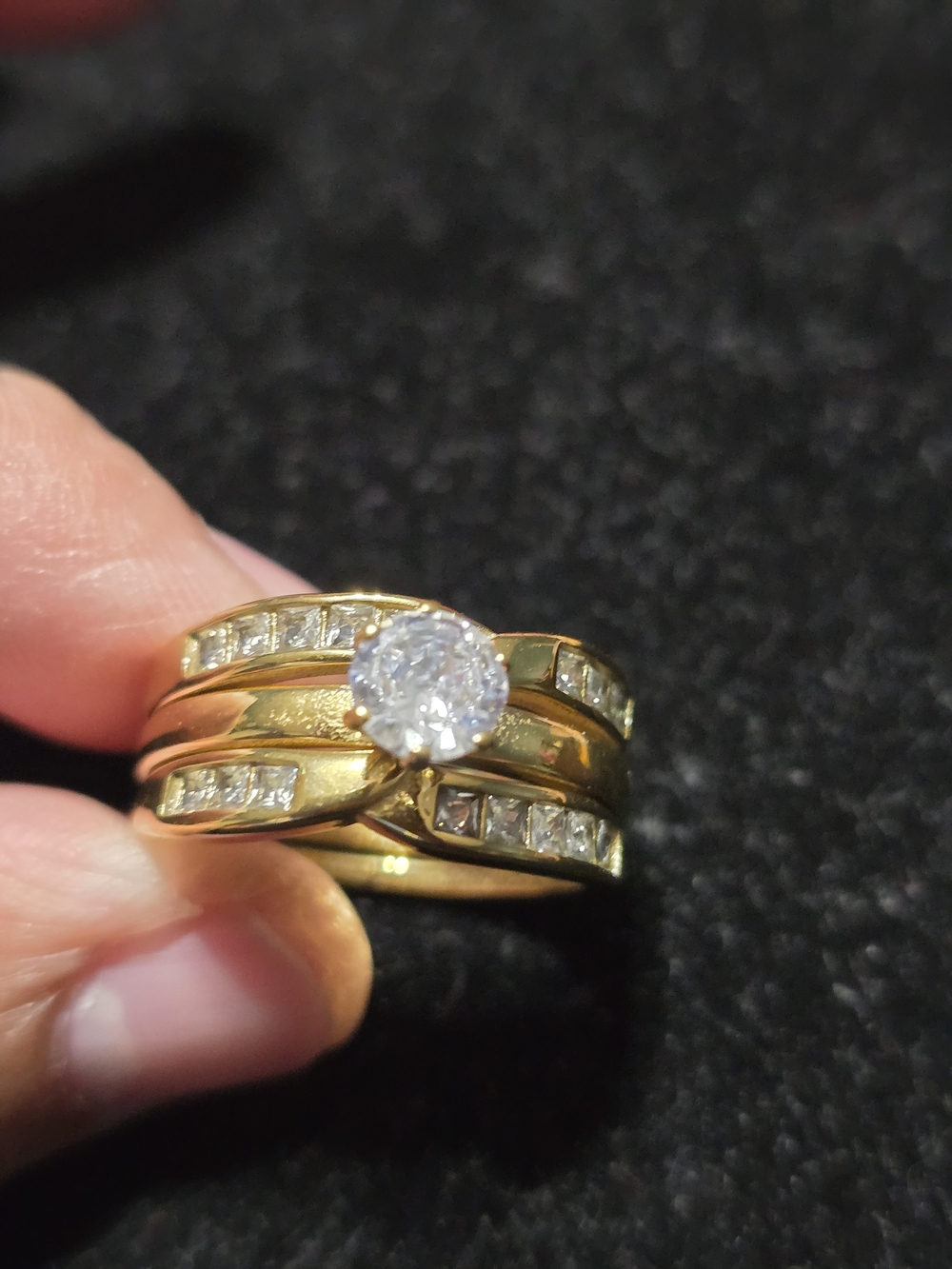 Gold-Tone Plated  Round Cut Solitaire and Channel-Set CZ Ring Set